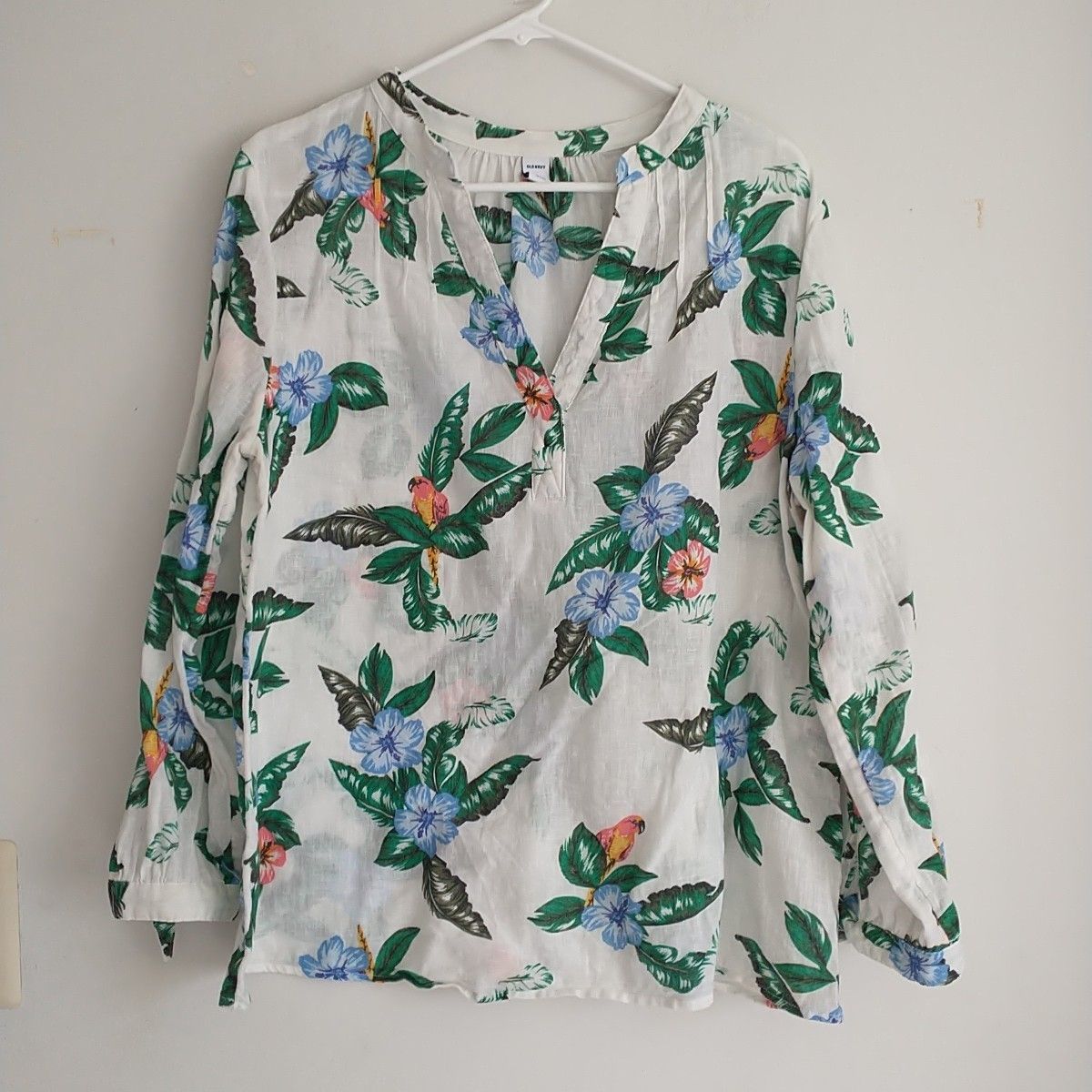 Old Navy Top Blouse Popiver Womens L Floral Linen Blend Long Tropical Hawaiian